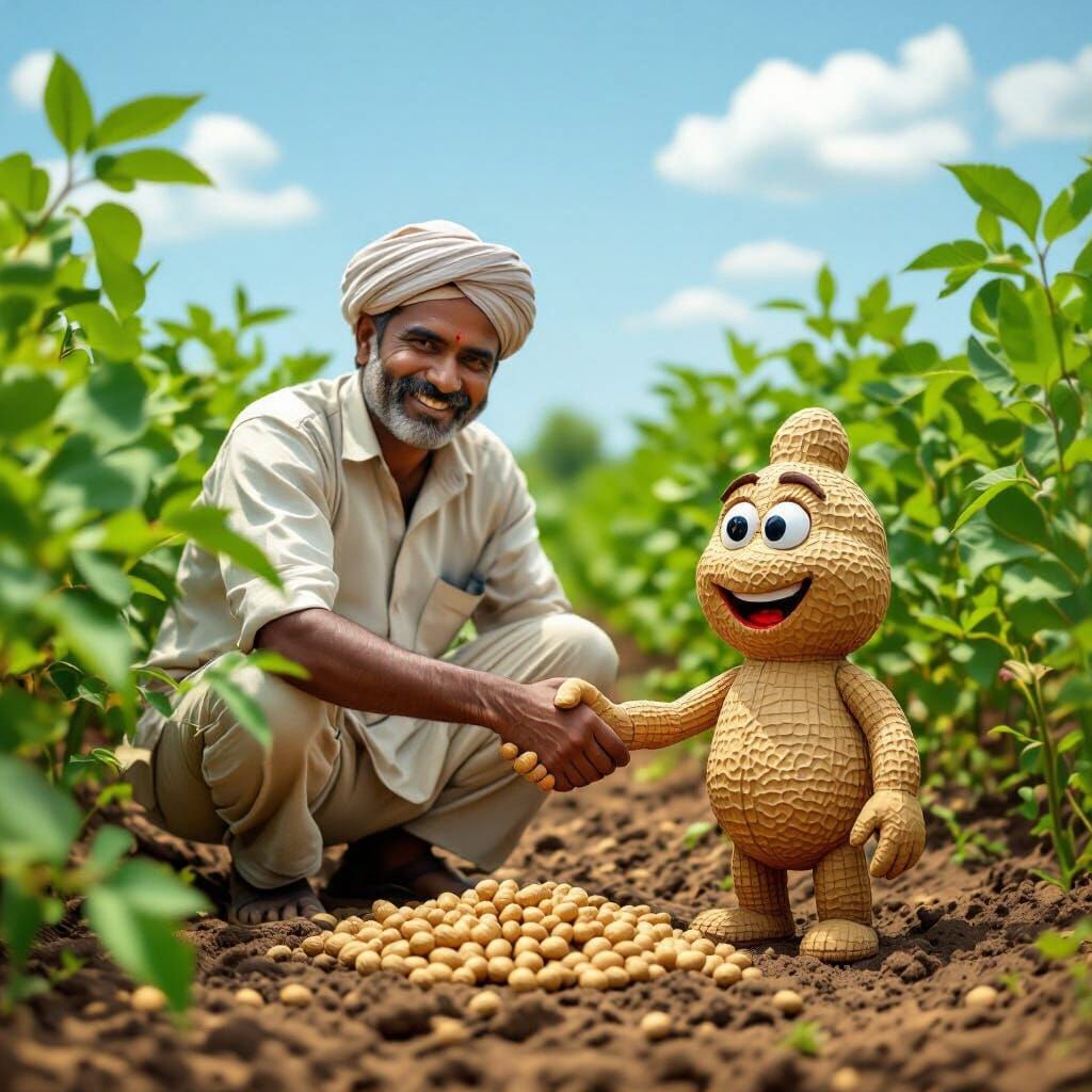 Friendly Peanut Character Greets Farmer in Lush Field