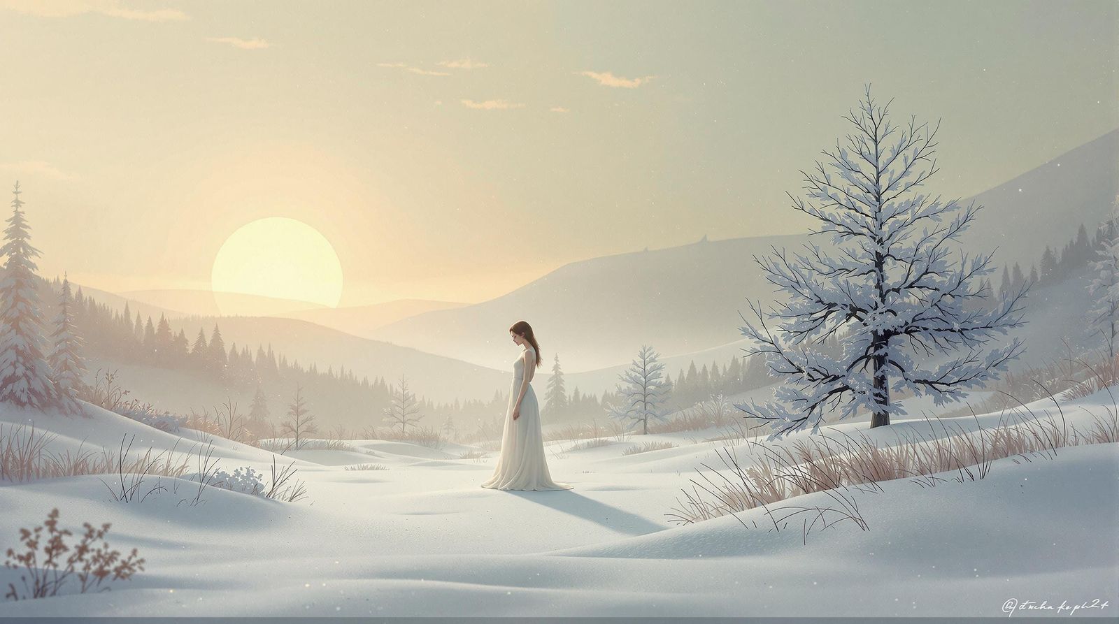 Serene Woman in Frozen Winter Landscape