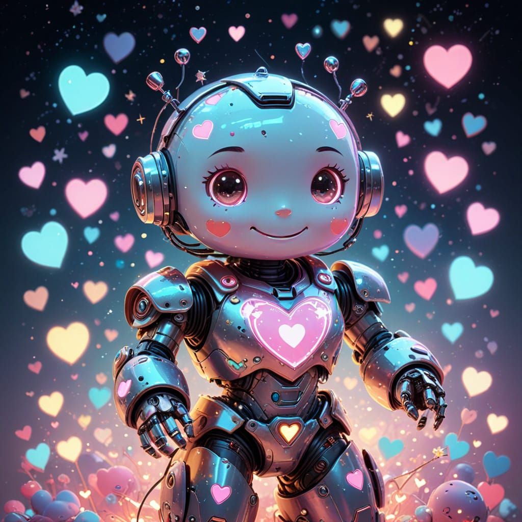 Kawaii Robot Girl Surrounded by Hearts in Sci-Fi Art