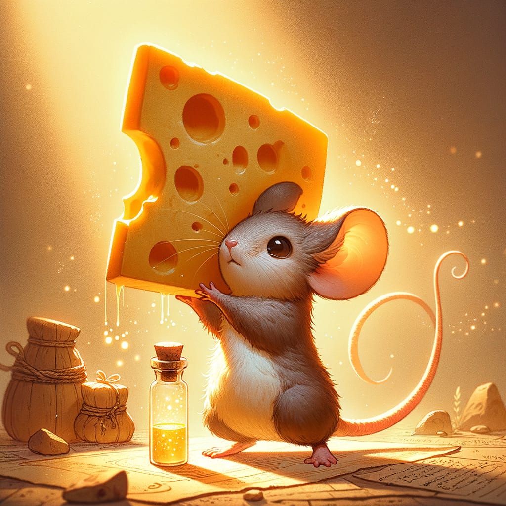 Mouse Hero Holds Giant Cheese and Magic Potion