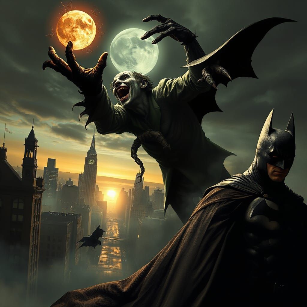 Dark Knight Confronts Grotesque Joker in Gothic Gotham