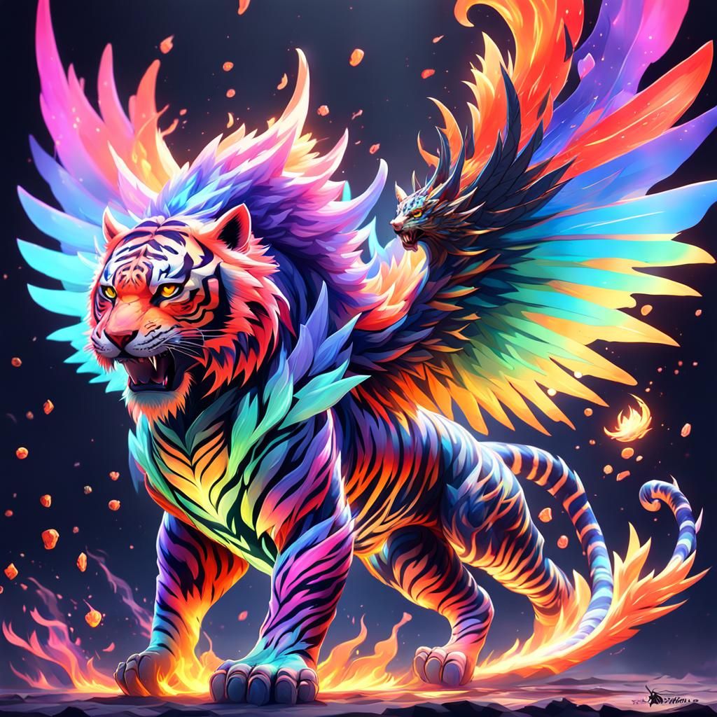 Fractal Rainbow Tiger with Dragon Wings, Anime Art