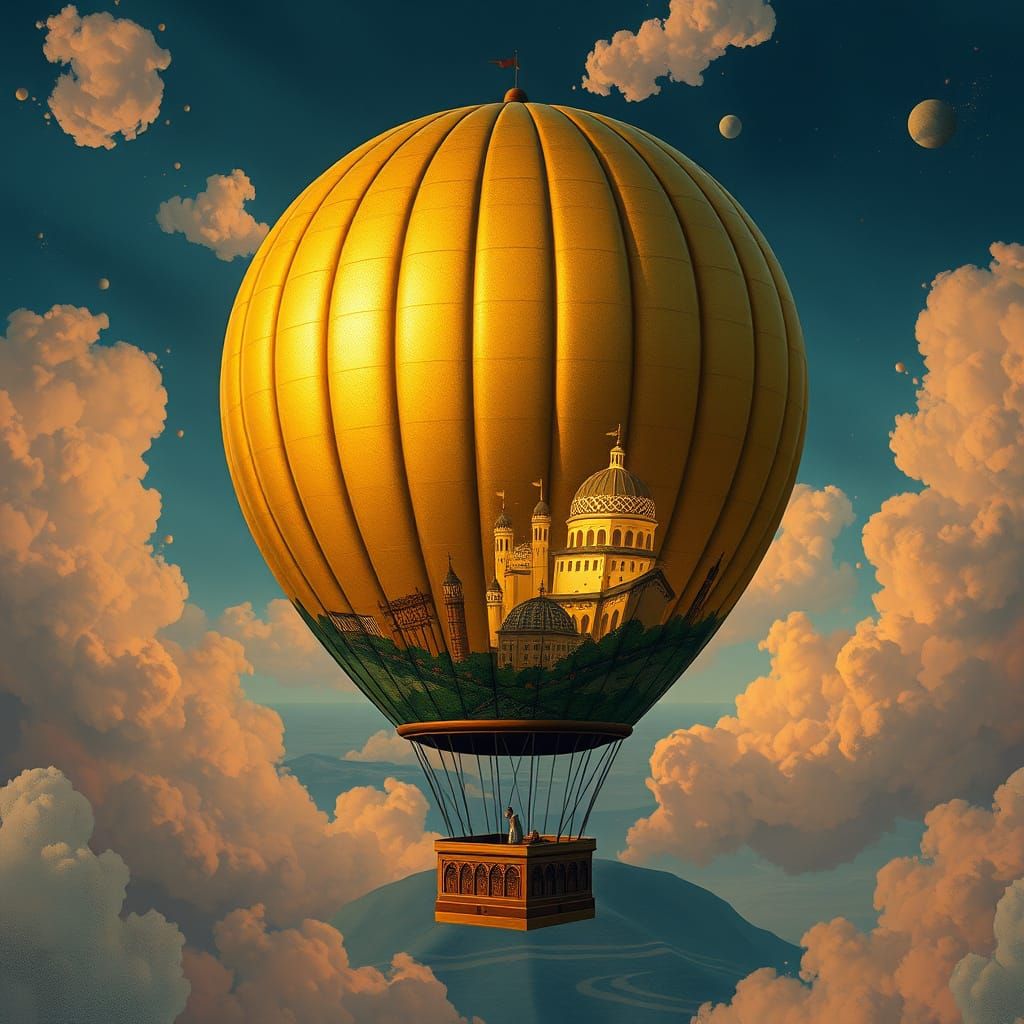 Golden Cityscape Balloon, Art Nouveau Matte Painting