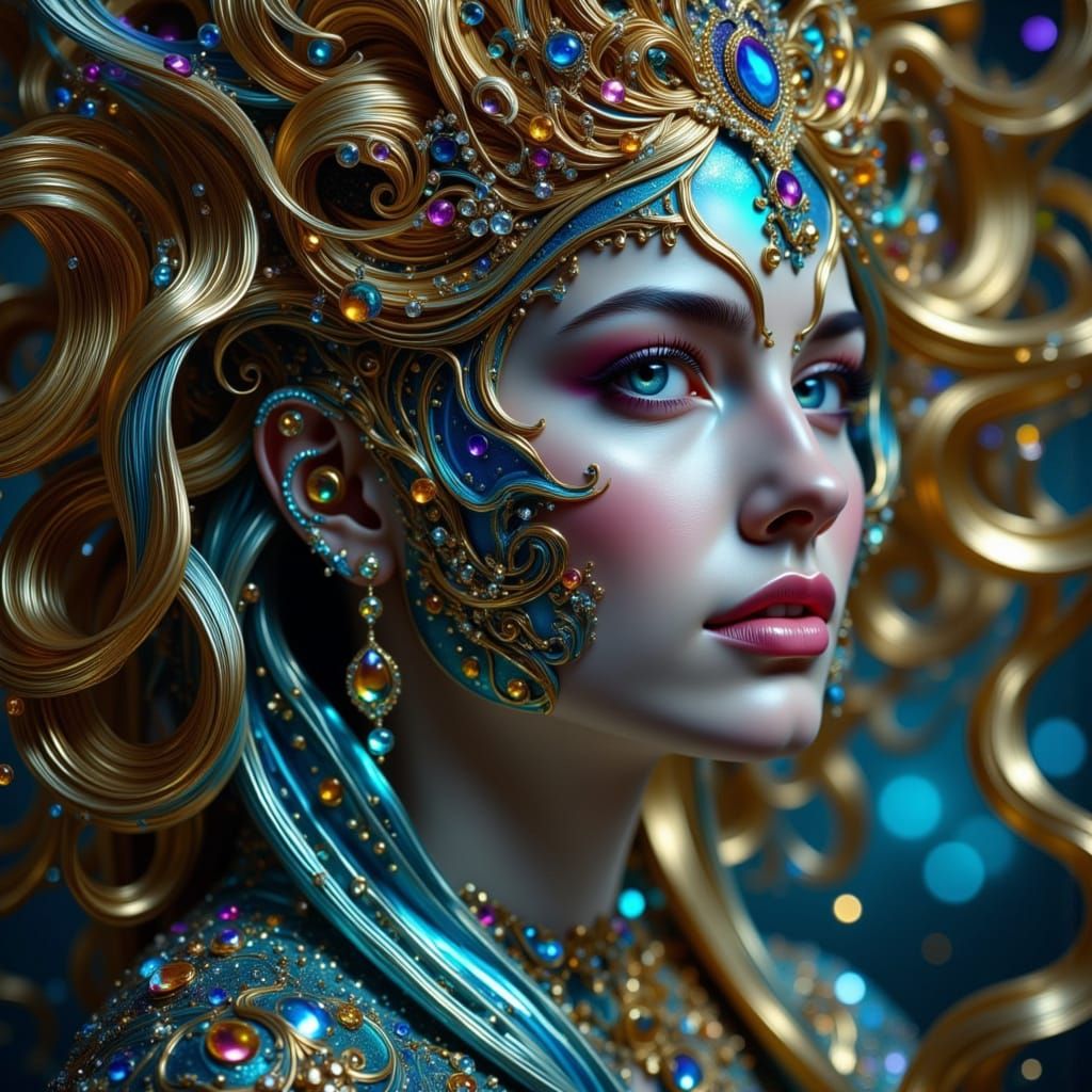 Peacock Woman Portrait with Gold Accents