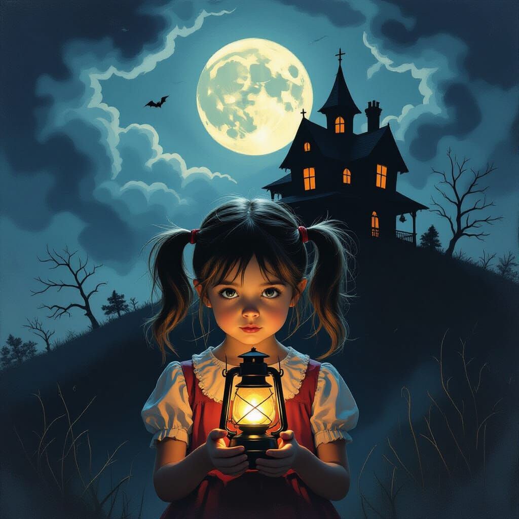 Girl with Lantern Faces Viewer Near Vampire House Under Eeri...