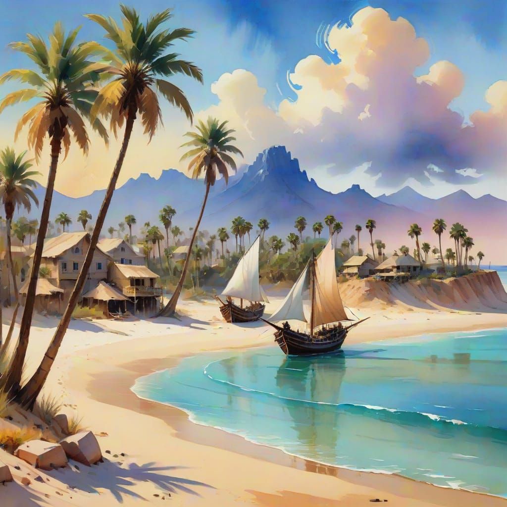 Epic Arabian Pirate Ships in Gouache Style