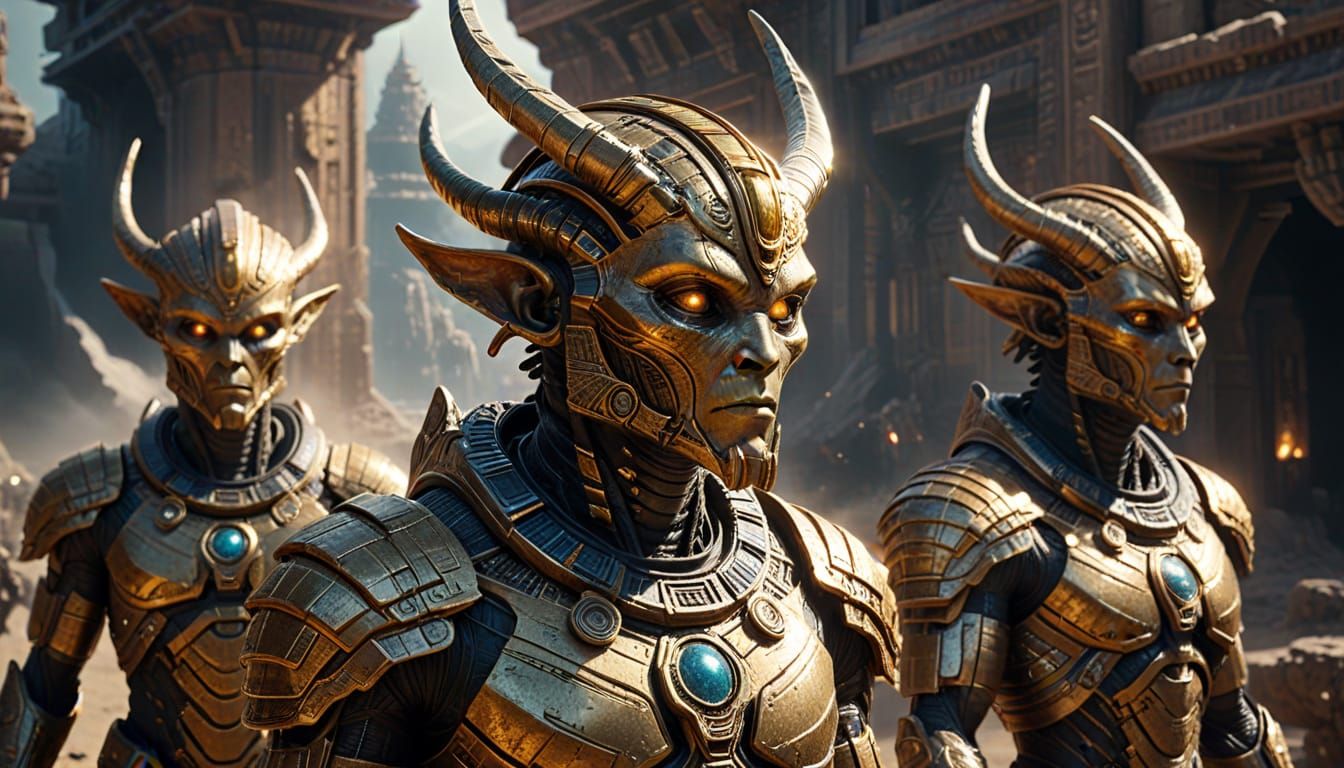 Anunnaki Aliens with Horned Caps and Glowing Auras