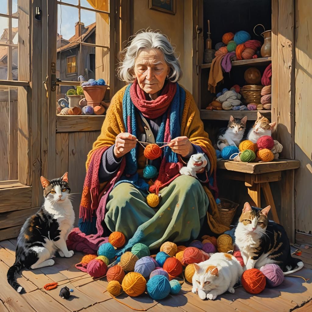 Old Woman Knitting Scarves for Cats: Oil Painting