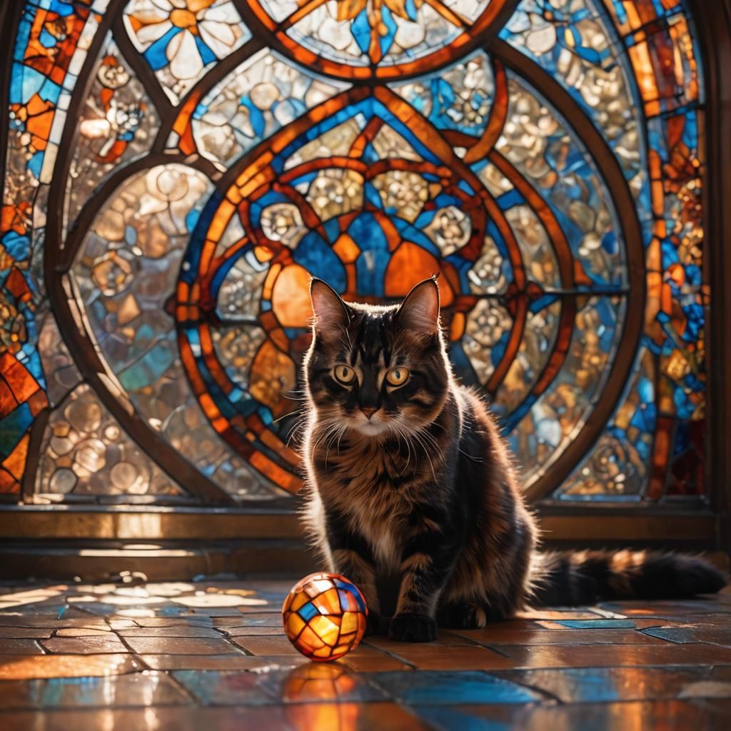 Tortoiseshell Cat in Front of Stained Glass Window