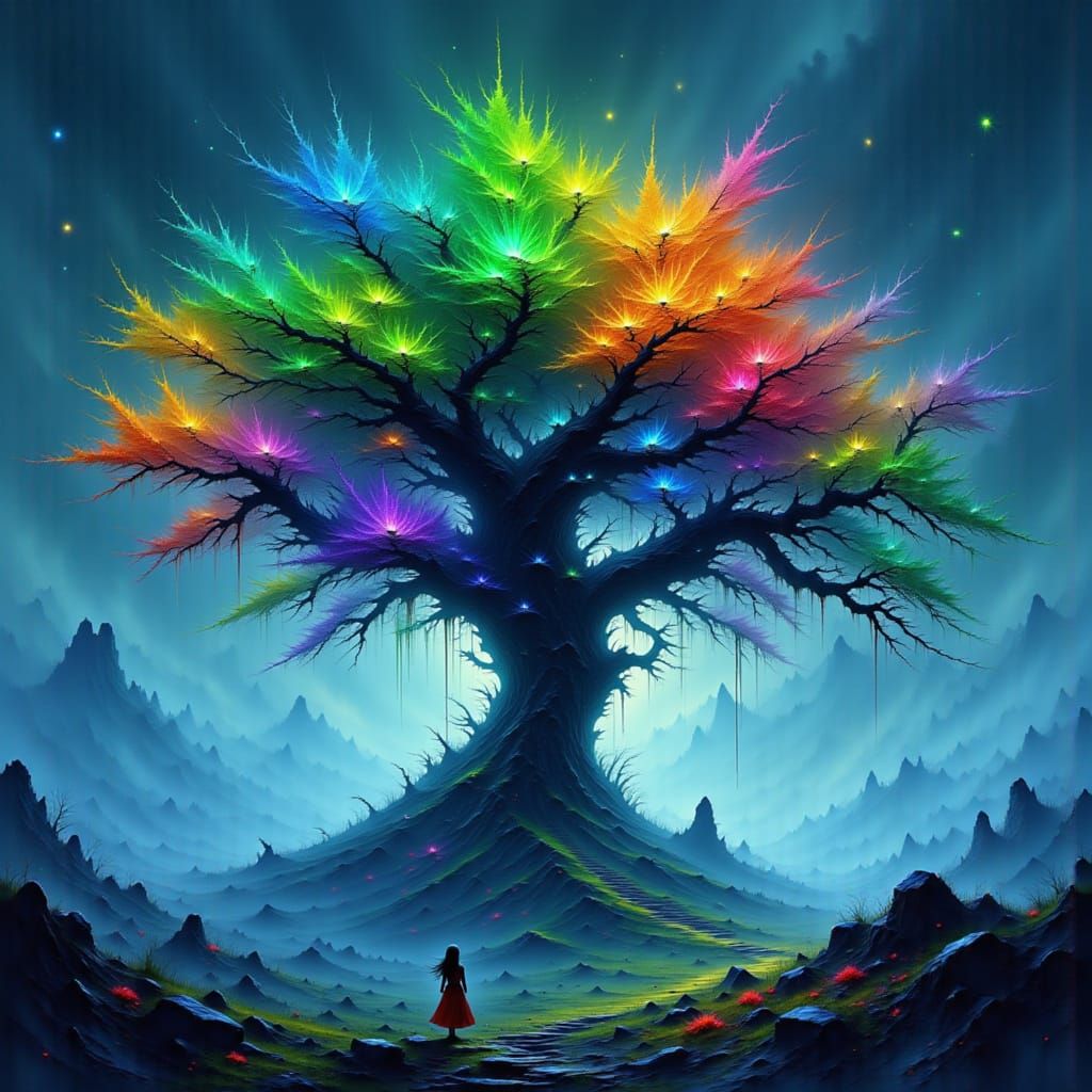 Majestic Ancient Tree with Crystalline Leaves in Enchanted C...