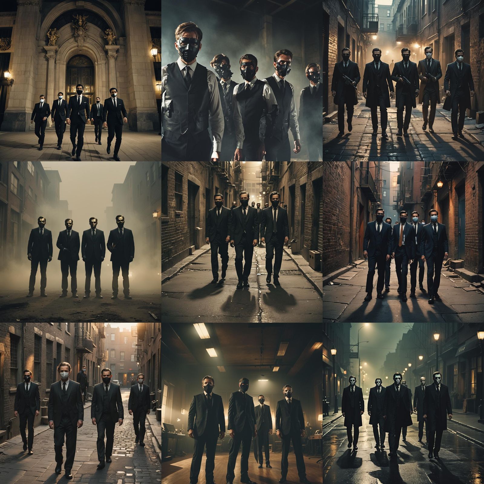 Dramatic Film Still of Armed Men in Suits