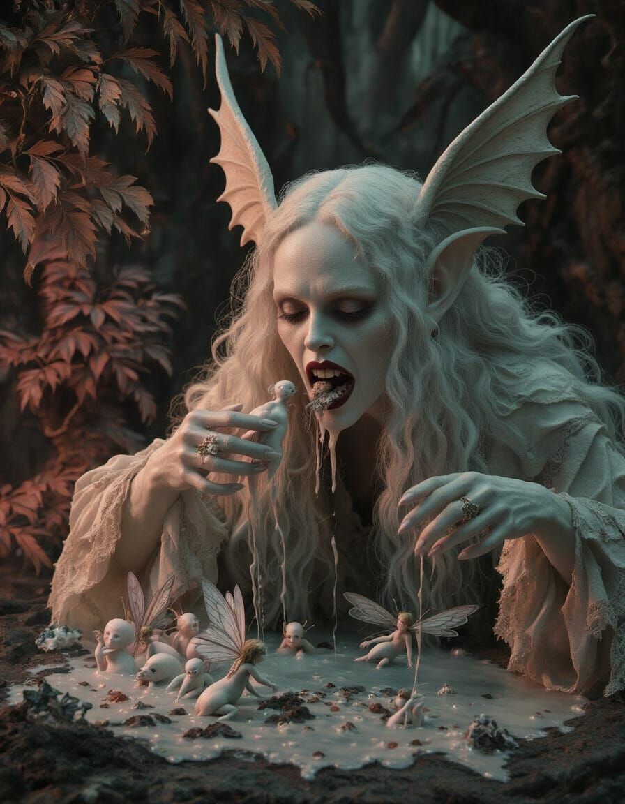Ghoulish Creature Devouring Fairies in Dark Realm