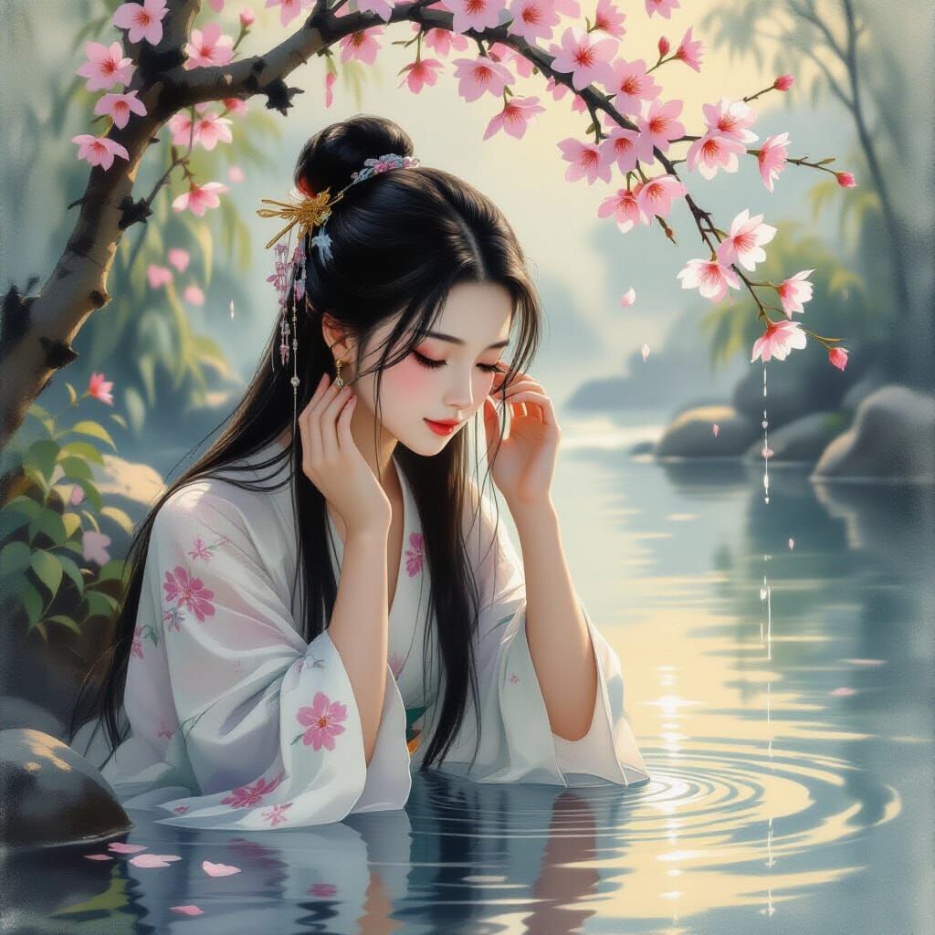 Chinese Girl Washing Hair by River in Traditional Oil Painti...