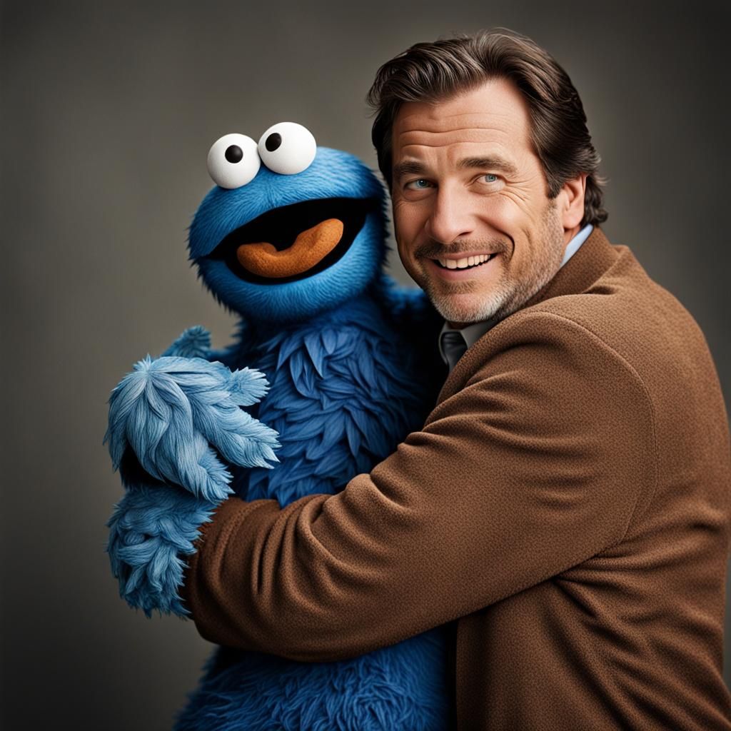 Man Hugging Cookie Monster: Professional Color Portrait