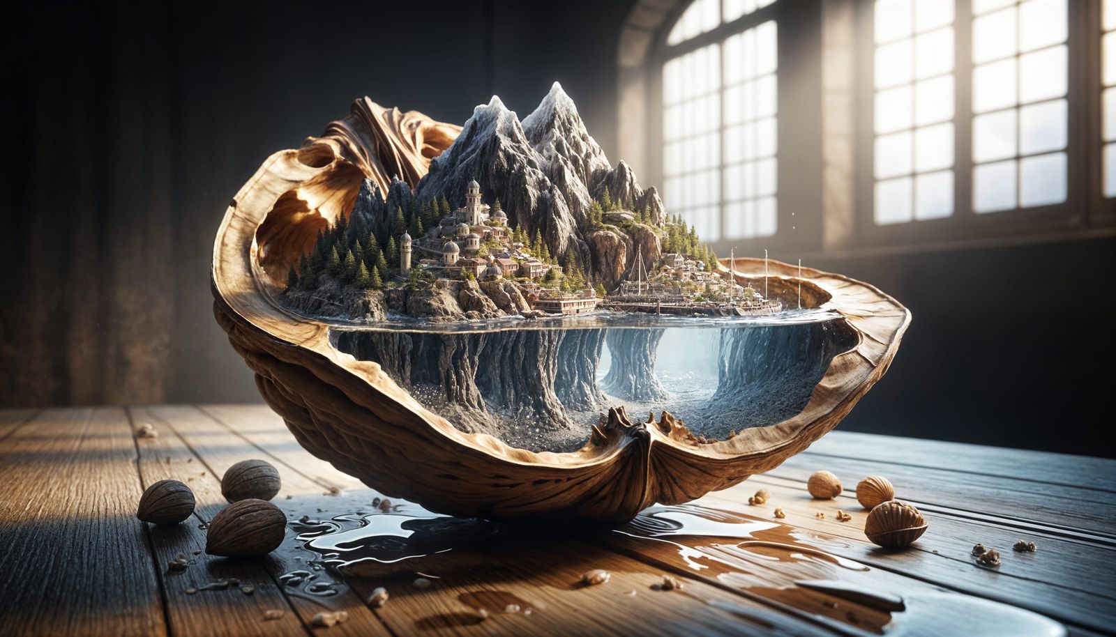 Miniature Island City Inside Walnut Shell