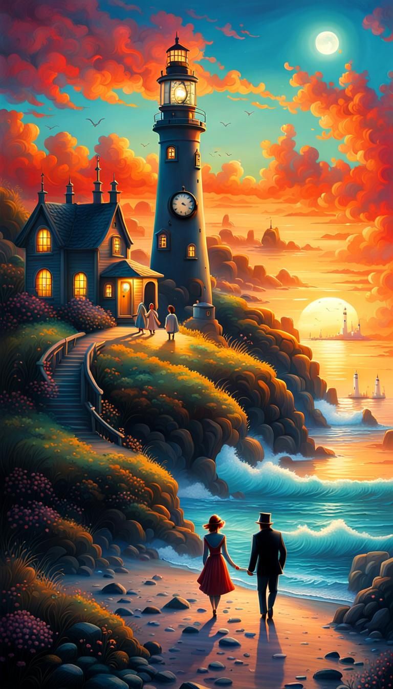 Cinematic Sunrise Lighthouse, Serene Coastal Village