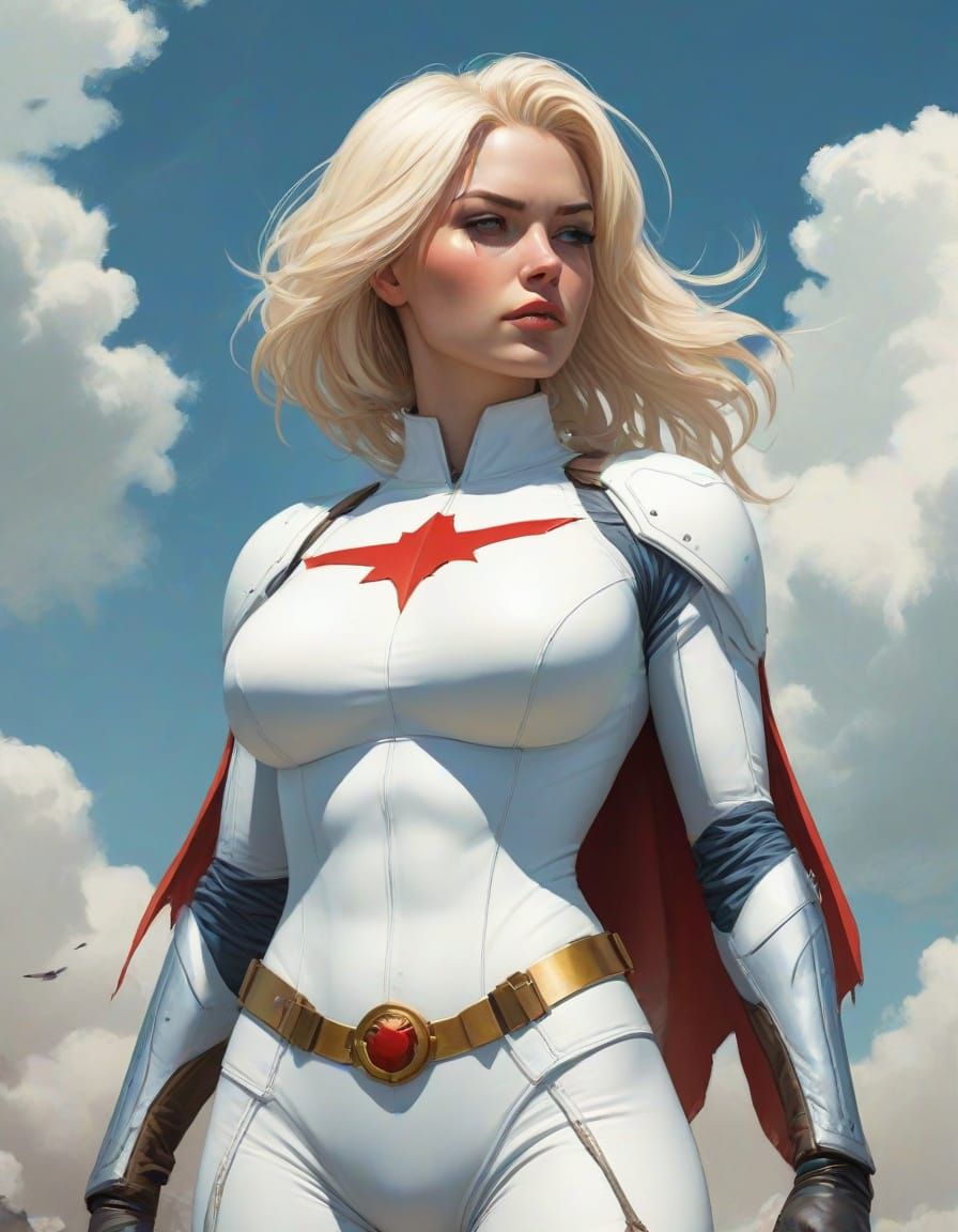 Powerful Blonde Superheroine in Iconic Red and White Costume