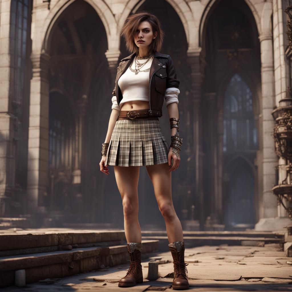 Punk Woman in Plaid Skirt, Detailed Digital Art