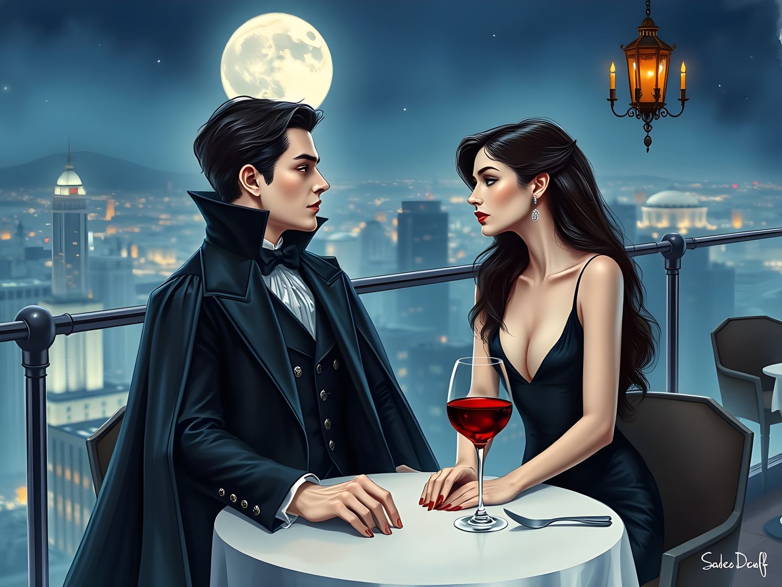 Romantic Vampire Couple in a Modern Watercolour