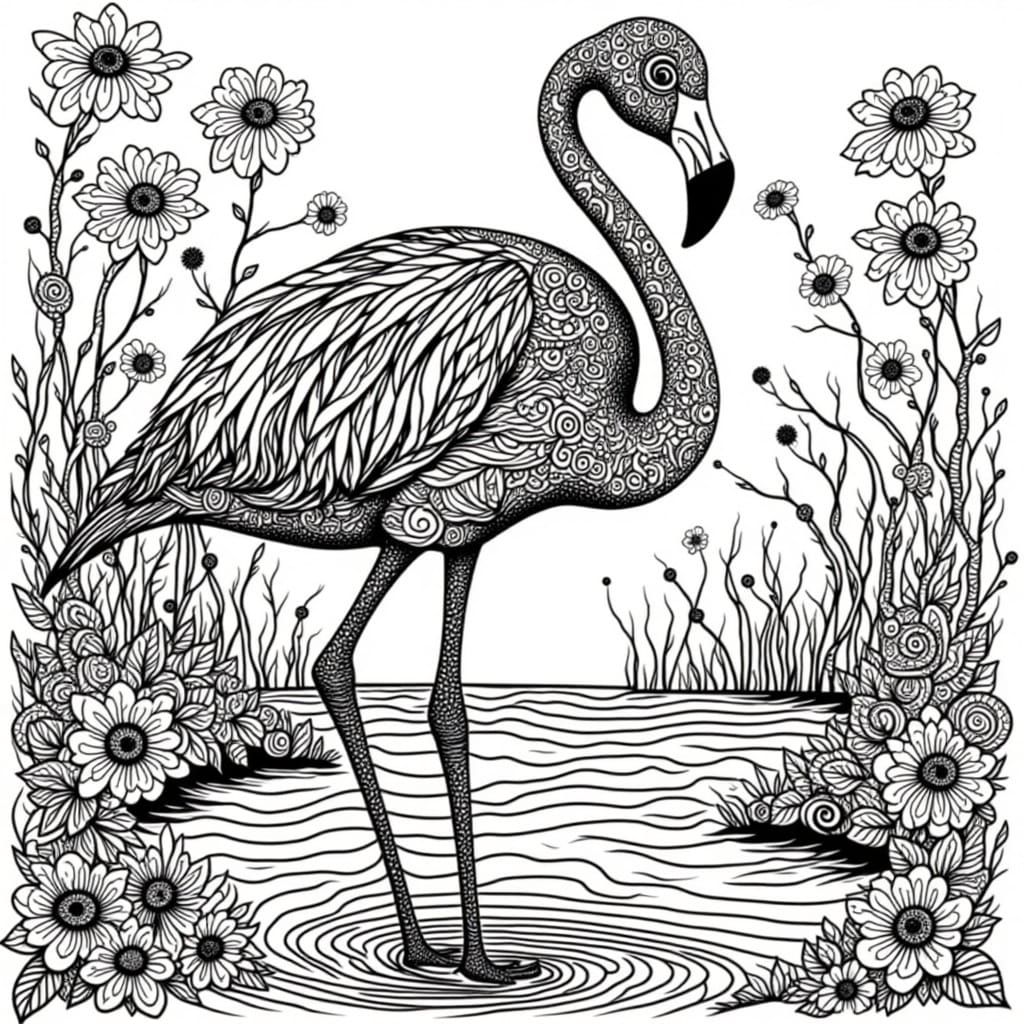 Zentangle Flamingo in Intricate Pond Art