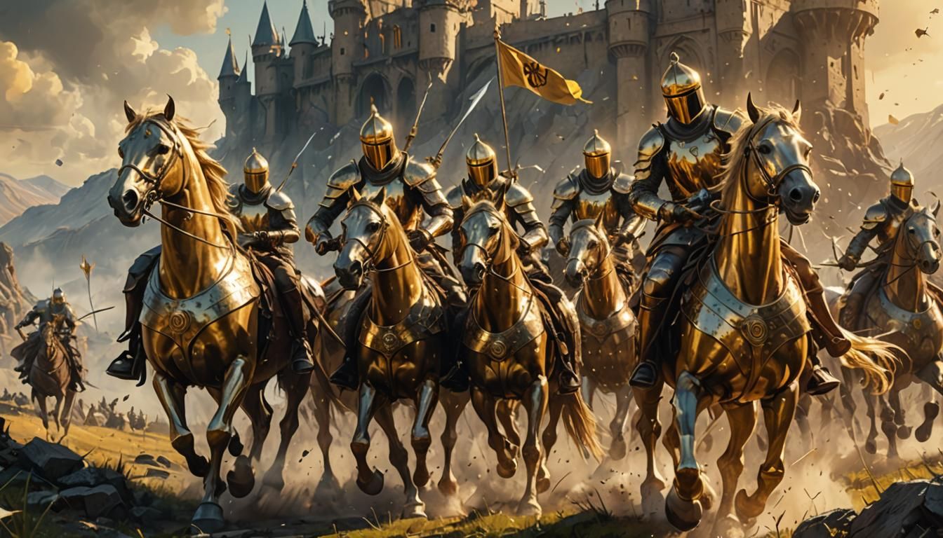 Golden Knights Charge in Fantasy Landscape