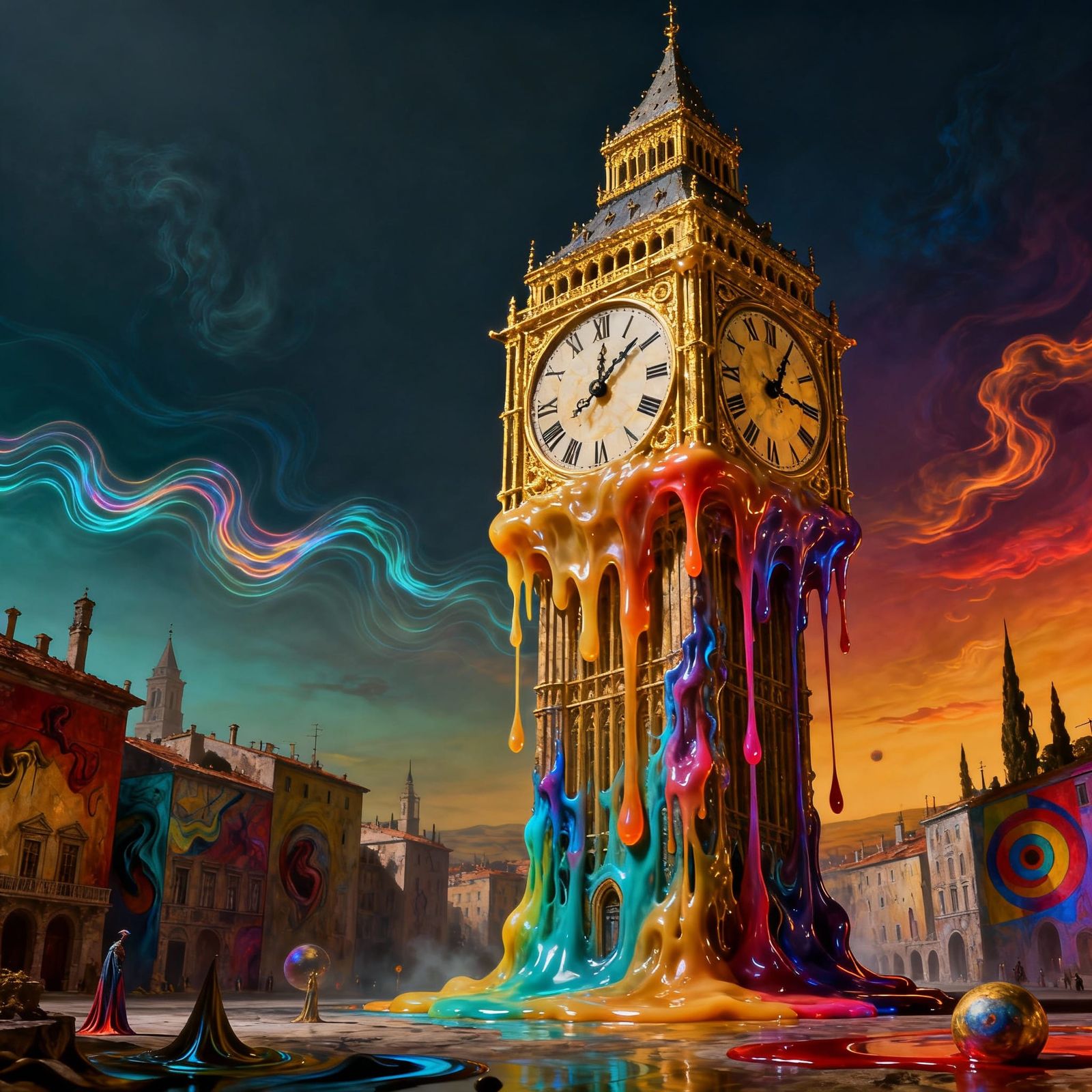Surreal Melting Clock Tower in Dreamcore City