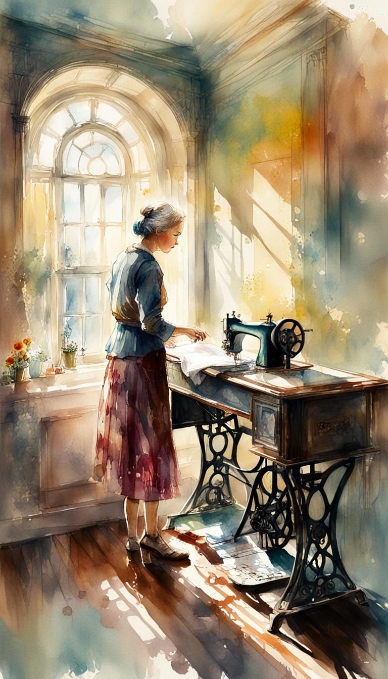 Vintage Grandmother Sewing, Digital Watercolor Illustration