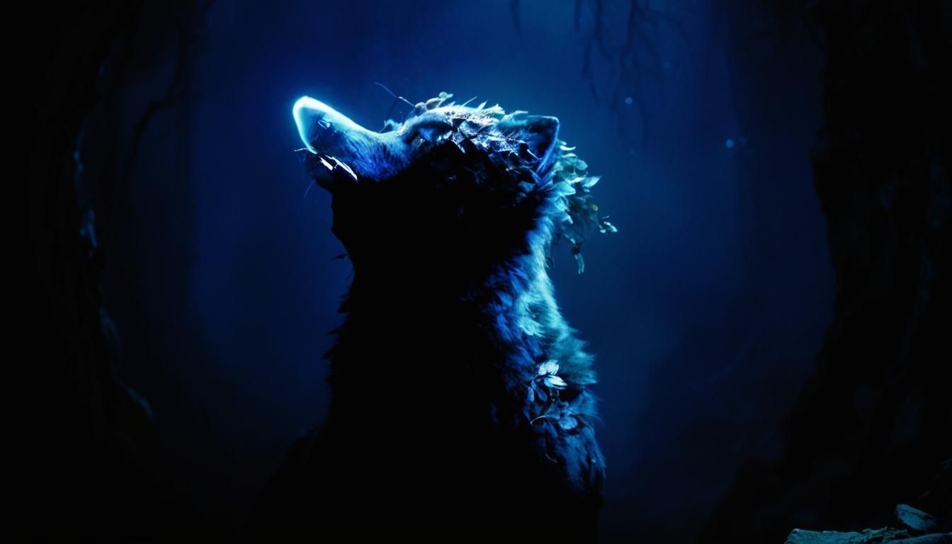 Mystical Wolf Face Amidst Ancient Forest Ruins