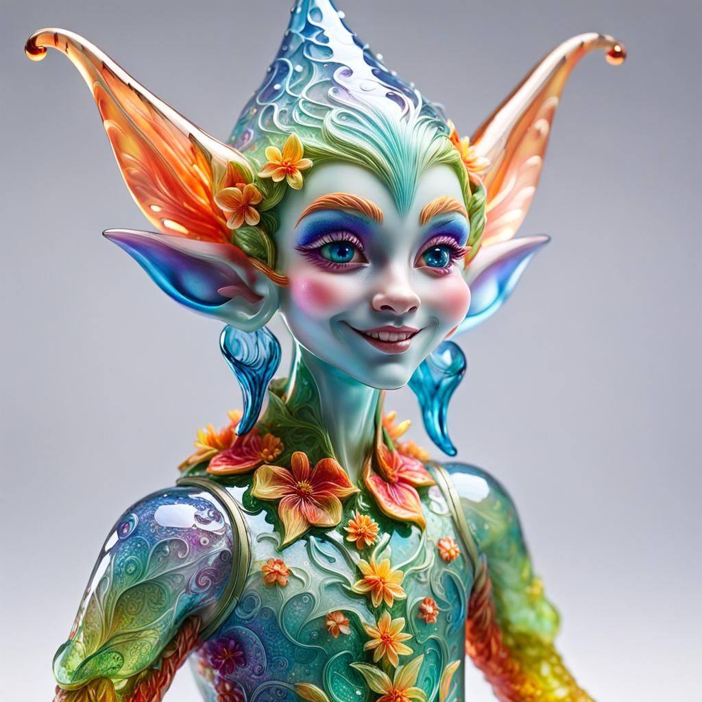 Un personnage d'elfe fantaisiste sculpté en verre, orné de d...
