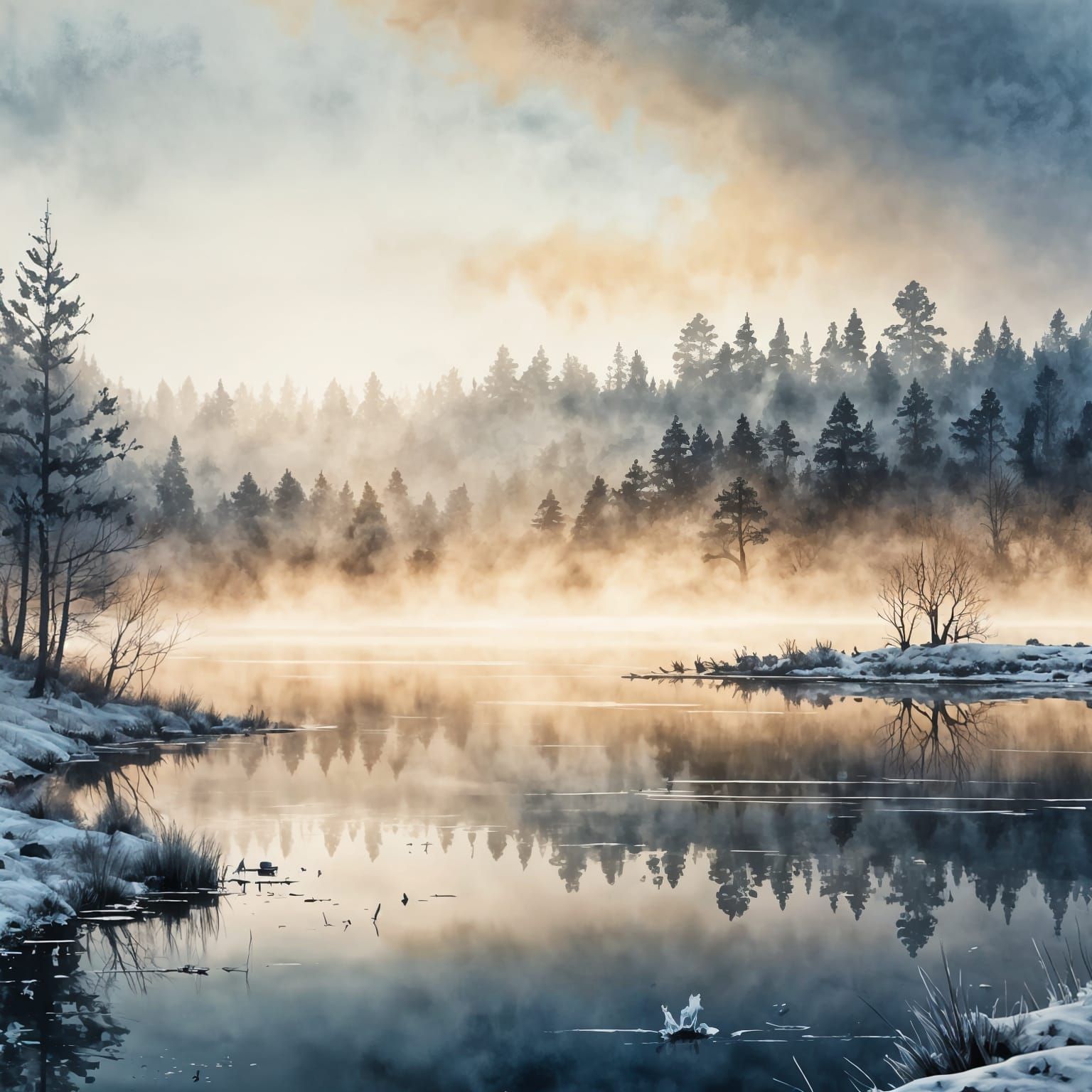 Moody Winter Lake in a Grunge Watercolour Style