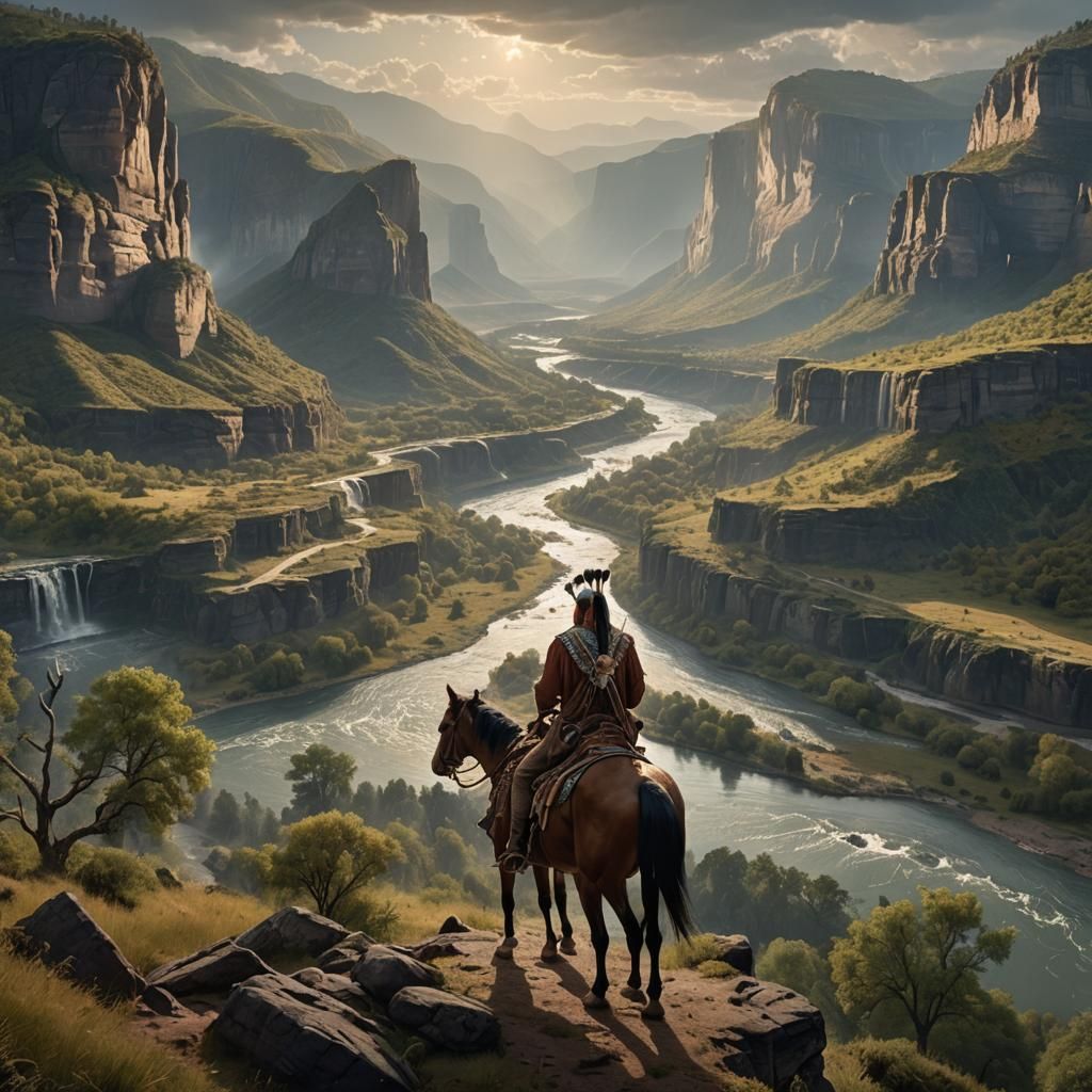 Native American Overlooking River Valley: Digital Matte Pain...