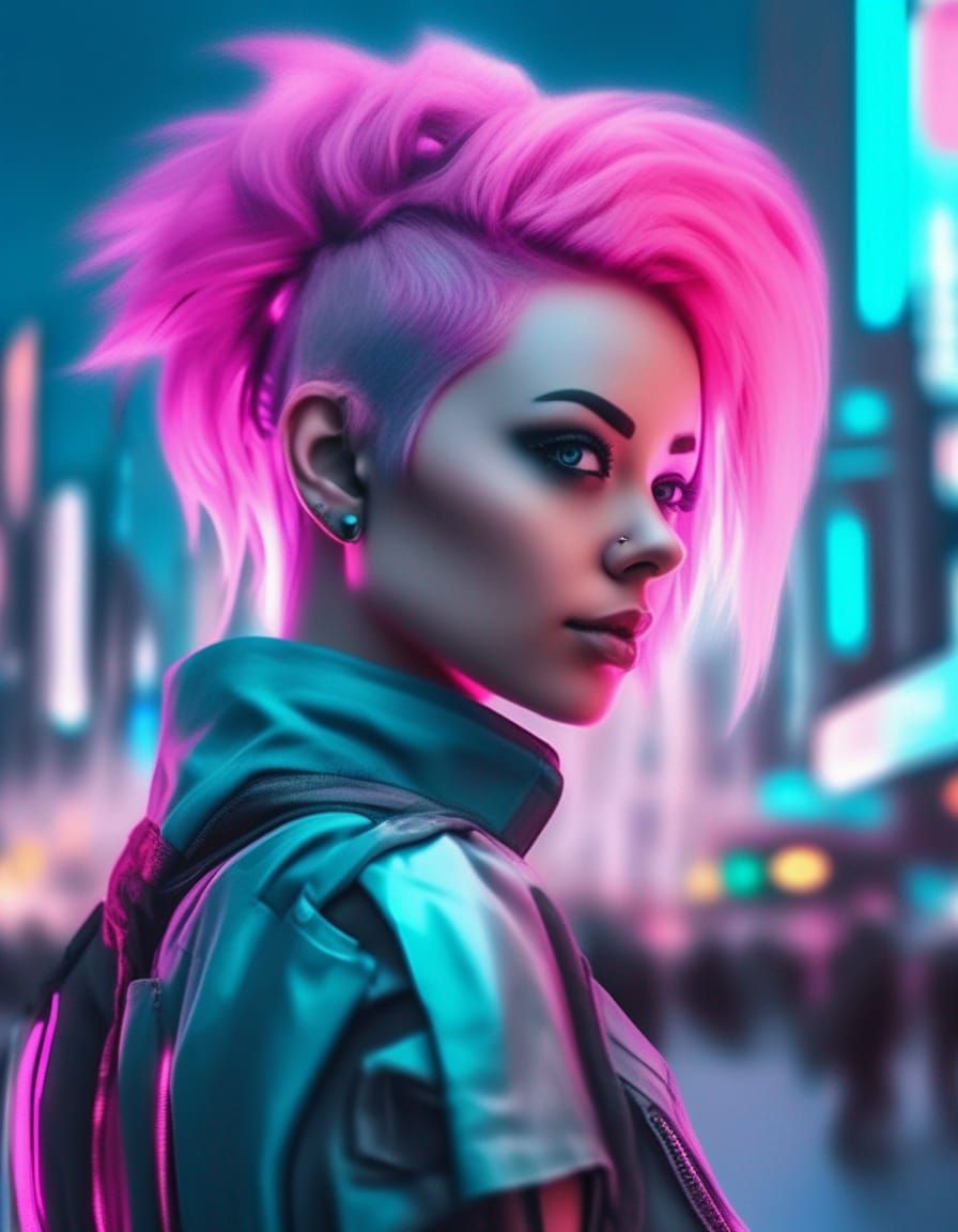 Futuristic Cyberpunk Lady in Neon Cityscape