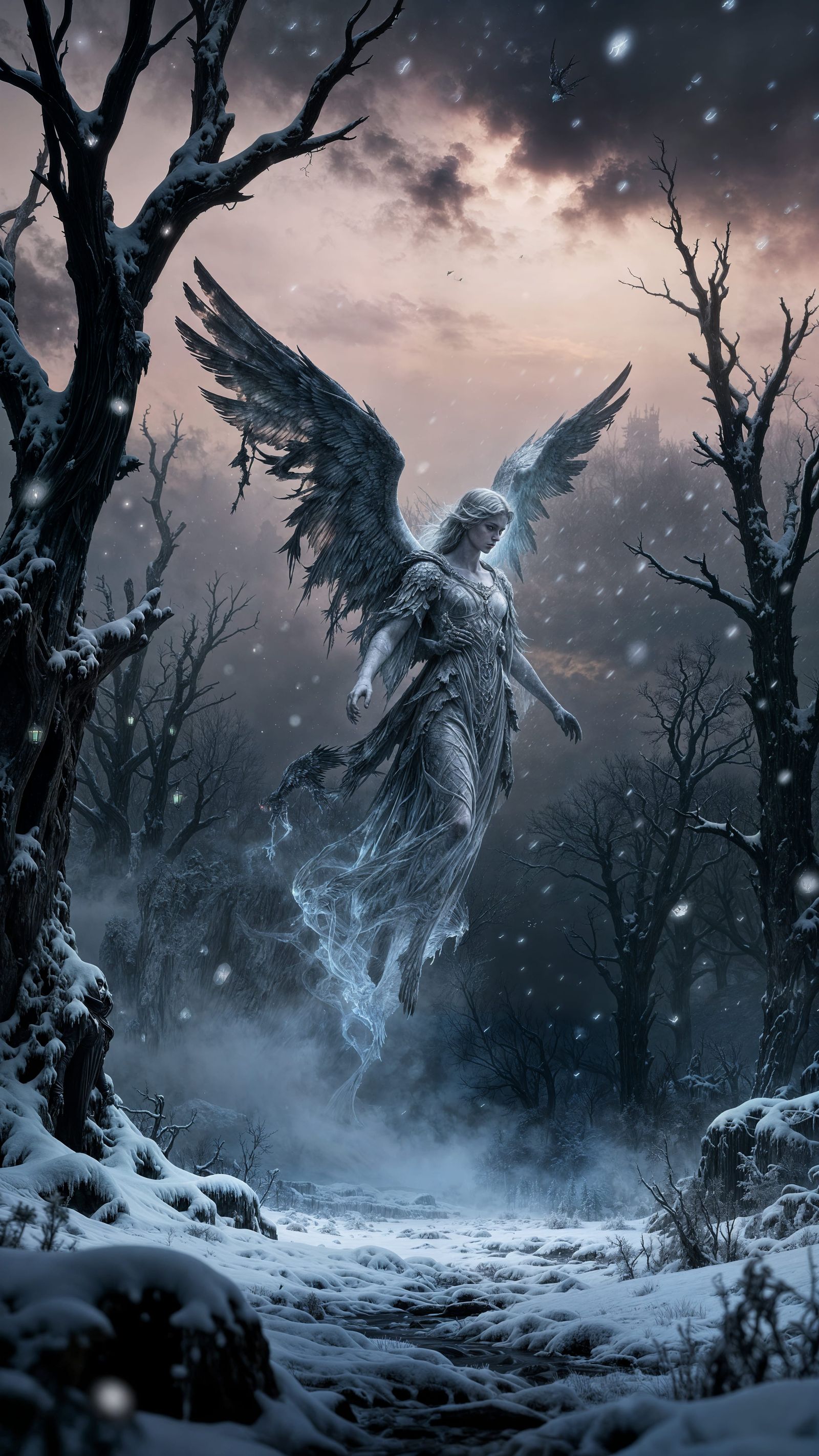 Spectral Angel Descending into Grim Winter Landscape