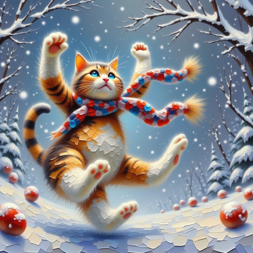 Impasto Winter Wonderland with Joyful Brown Tabby Cat