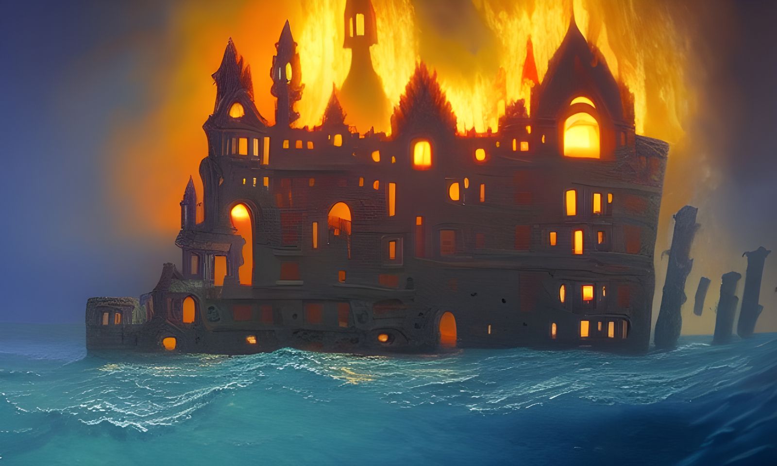Underwater Castle Ablaze: Oil Painting