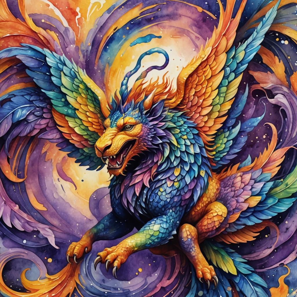 Rainbow Chimera in Watercolor Vortex of Color