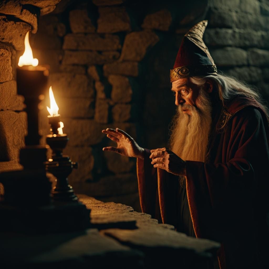 Mystical Wizard Recites Spell in Ancient Chamber