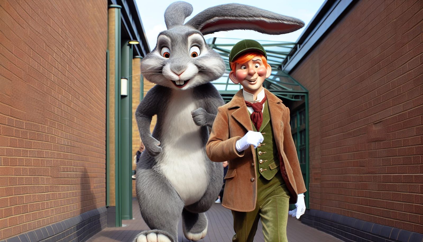 Cartoon Rabbit Strolling Behind a Hunter