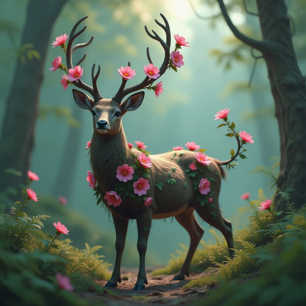 Blooming Floral Deer with Twisting Vines in 8k