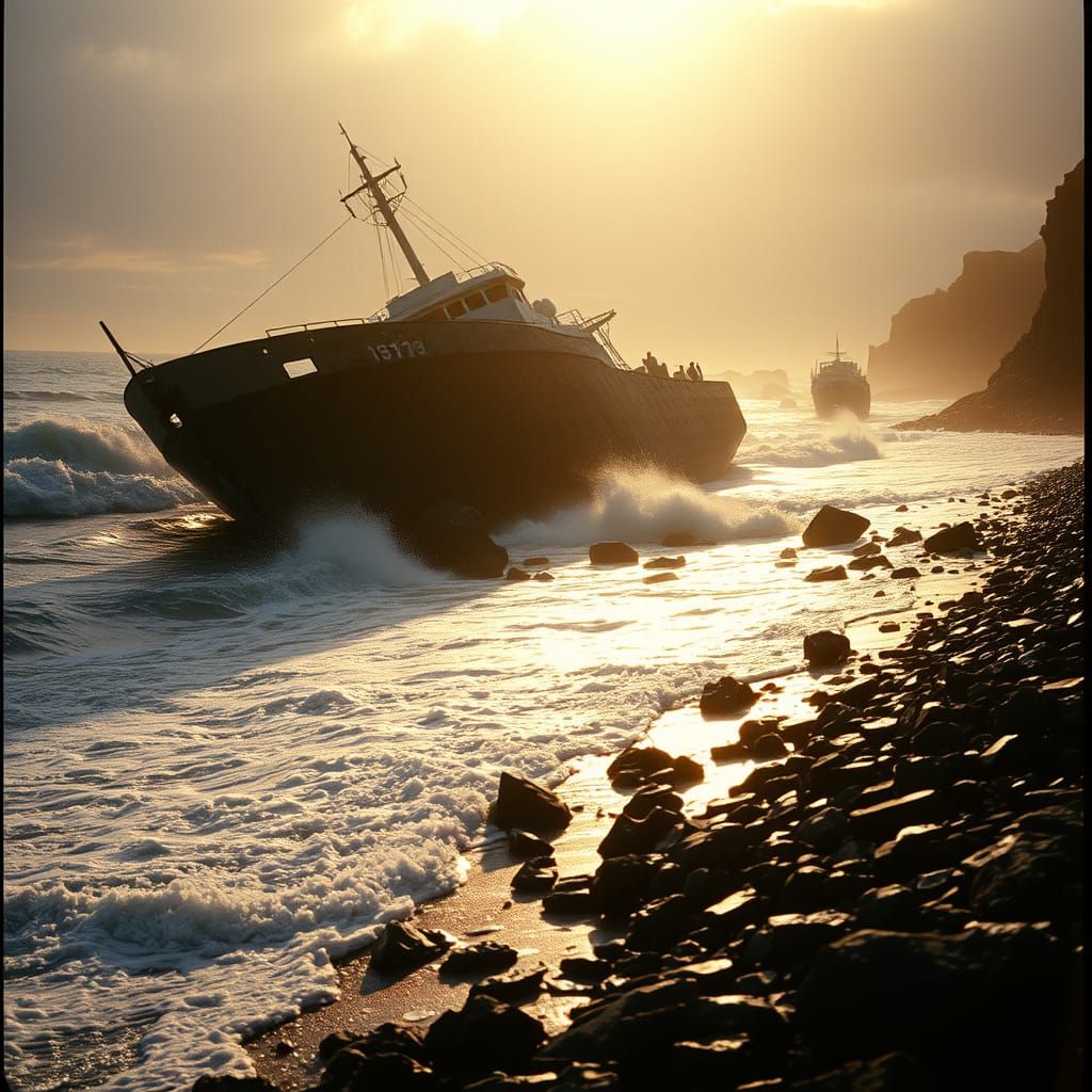 Shipwreck Amidst Dramatic Rock Shoreline