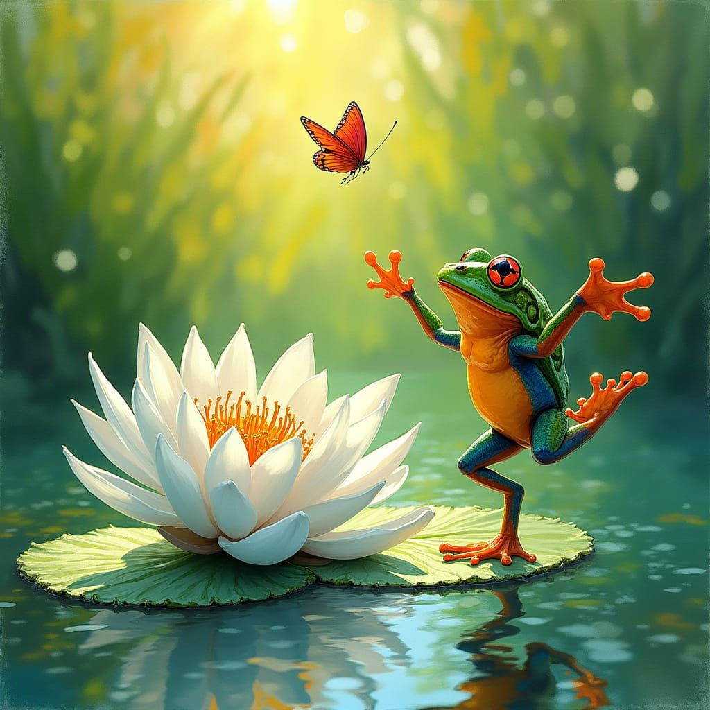 Surreal Frog and Butterfly Dance on Lily Pad
