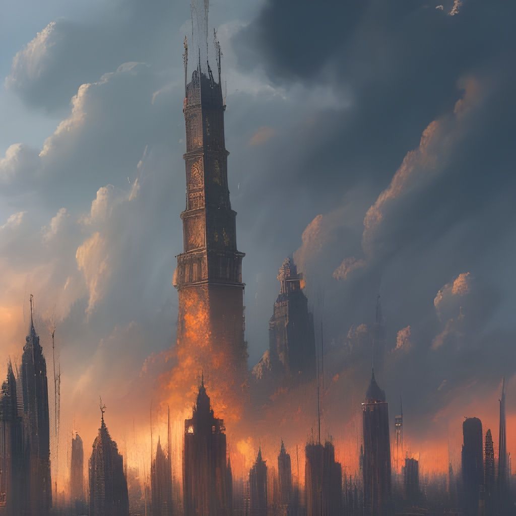 Inferno: City Tower Ablaze in Dark Fantasy Art