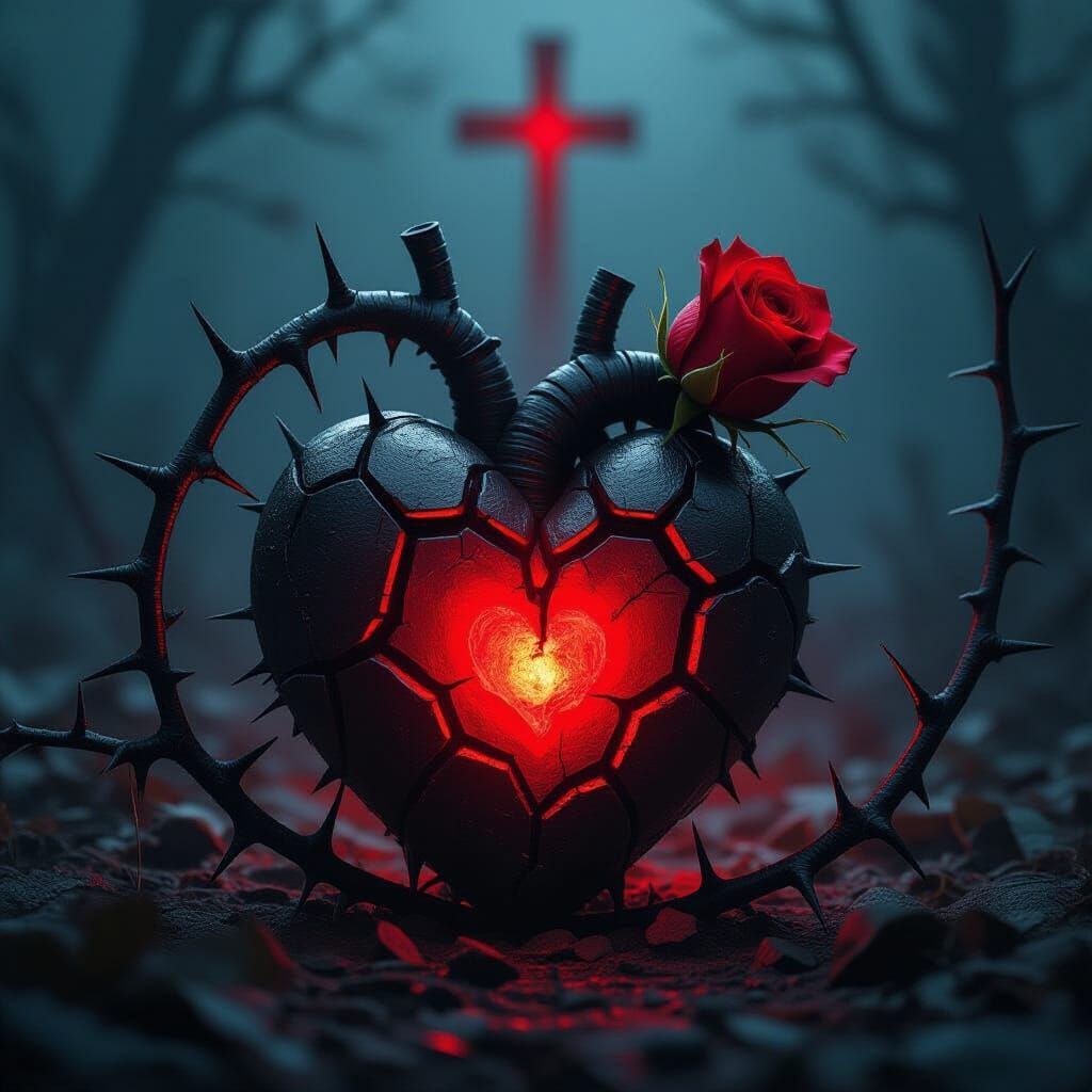 Gothic Metallic Heart Surrounded by Thorns and Rosebud