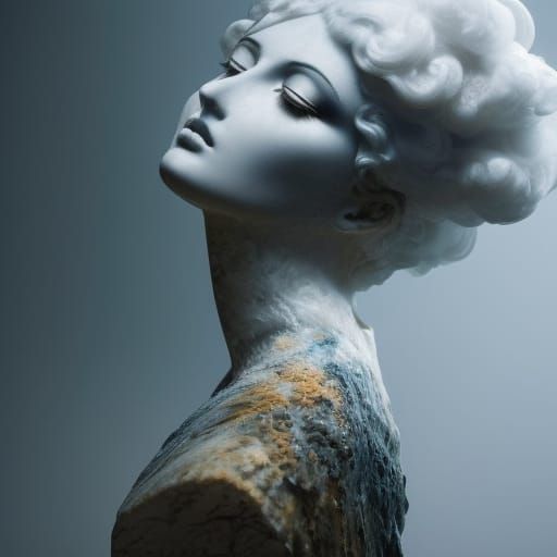 Eerie Marble Veiled Maiden Bust in Digital Painting