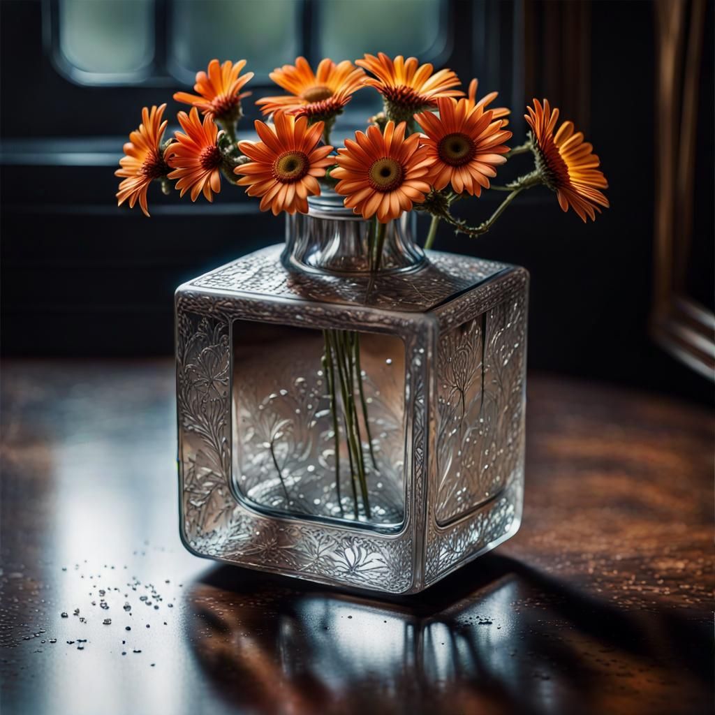 Glass Vase with Silver Daisy in Dark Fantasy Style