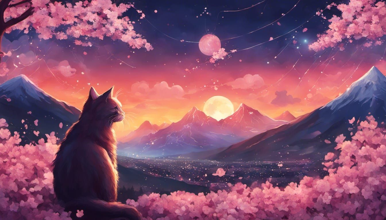 Cat in Cherry Blossom Forest Under Aurora