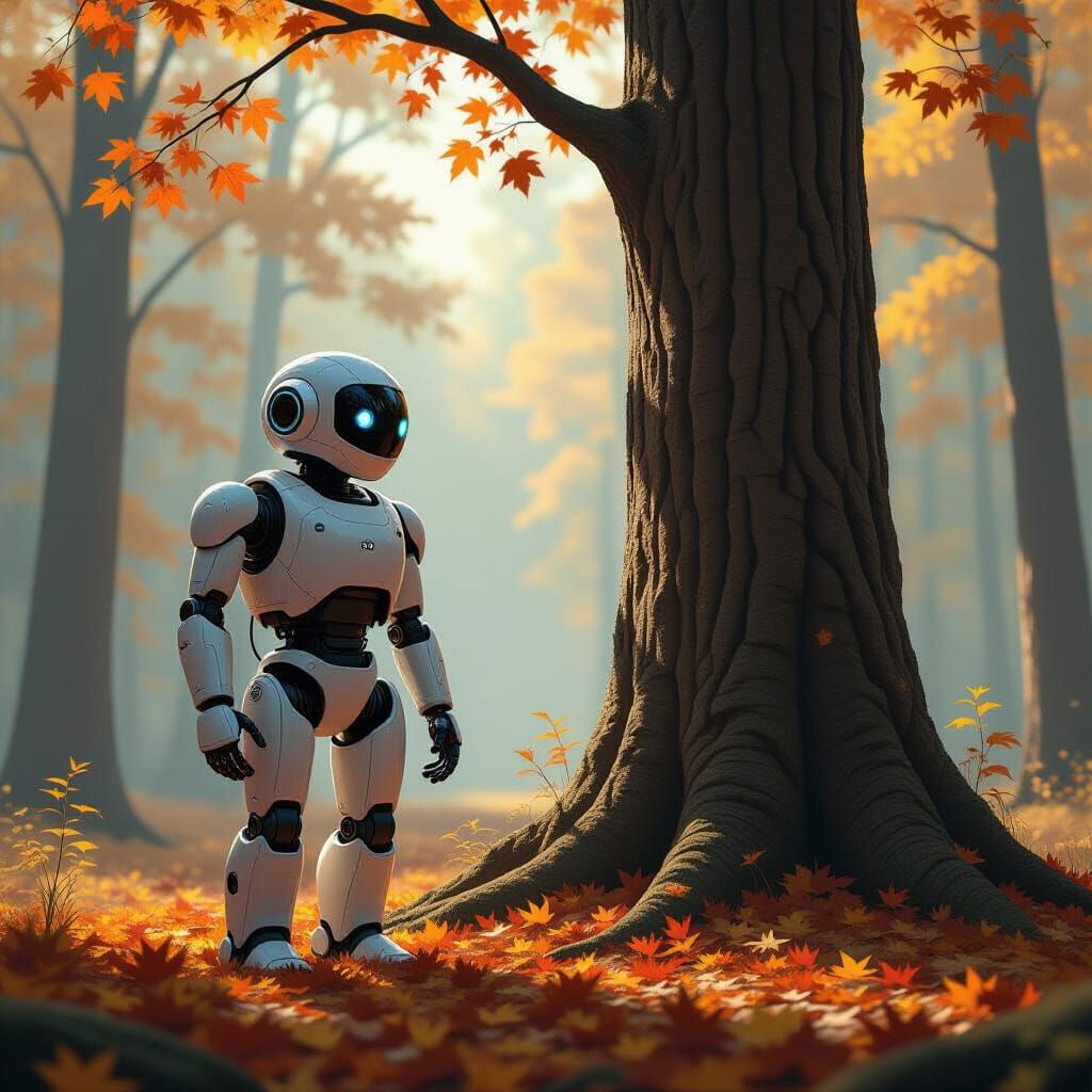 Robot in Autumn Forest, Futuristic Organic Style