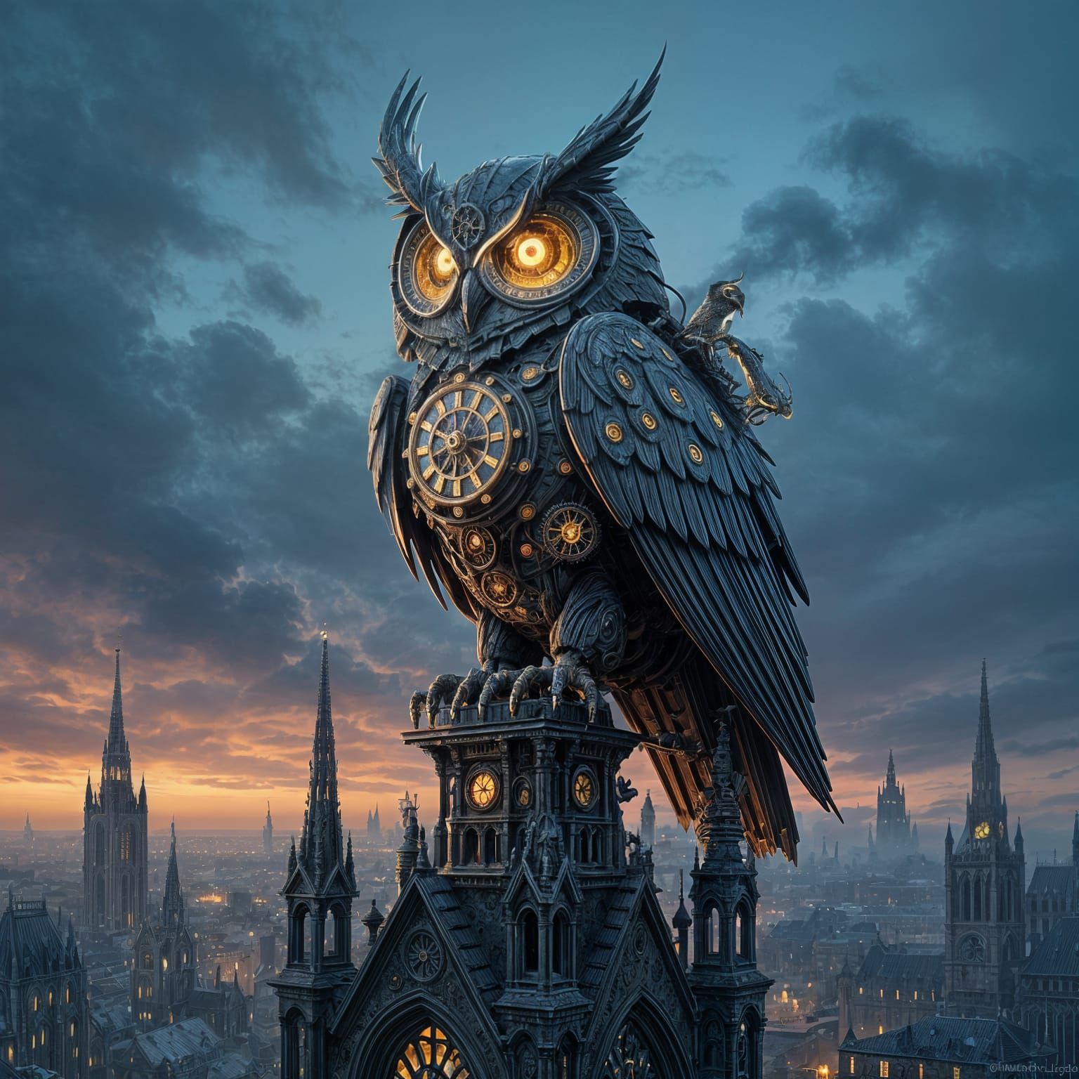 Colossal Clockwork Owl Over Gothic City