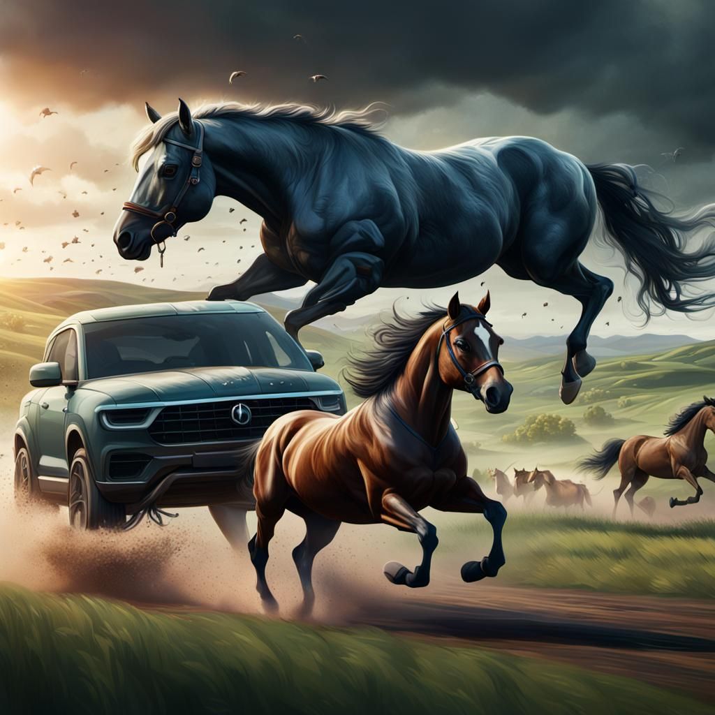 Horse Chasing Car in Field: Detailed Matte Painting