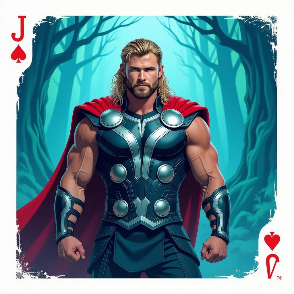 Thor as Jack of Clubs in Mystical Forest